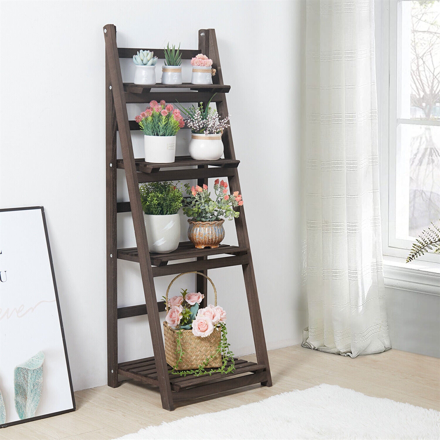 Retro 4 Tier Wooden Ladder Bookcase Folding Book Shelf Plant Stand Storage Rack V767-JJ-ZZ131