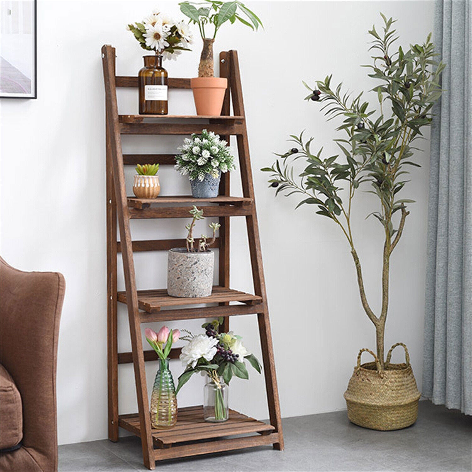 Retro 4 Tier Wooden Ladder Bookcase Folding Book Shelf Plant Stand Storage Rack V767-JJ-ZZ131