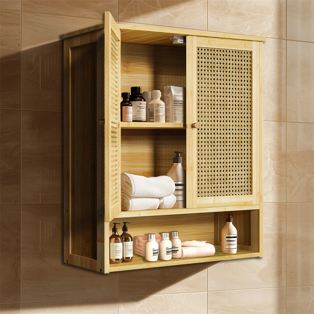 3 Tier Bathroom Wall Cabinet Rattan Door Bamboo Storage Shelf Over Toilet Cupboard Organizer V767-JJ-ZZ1349