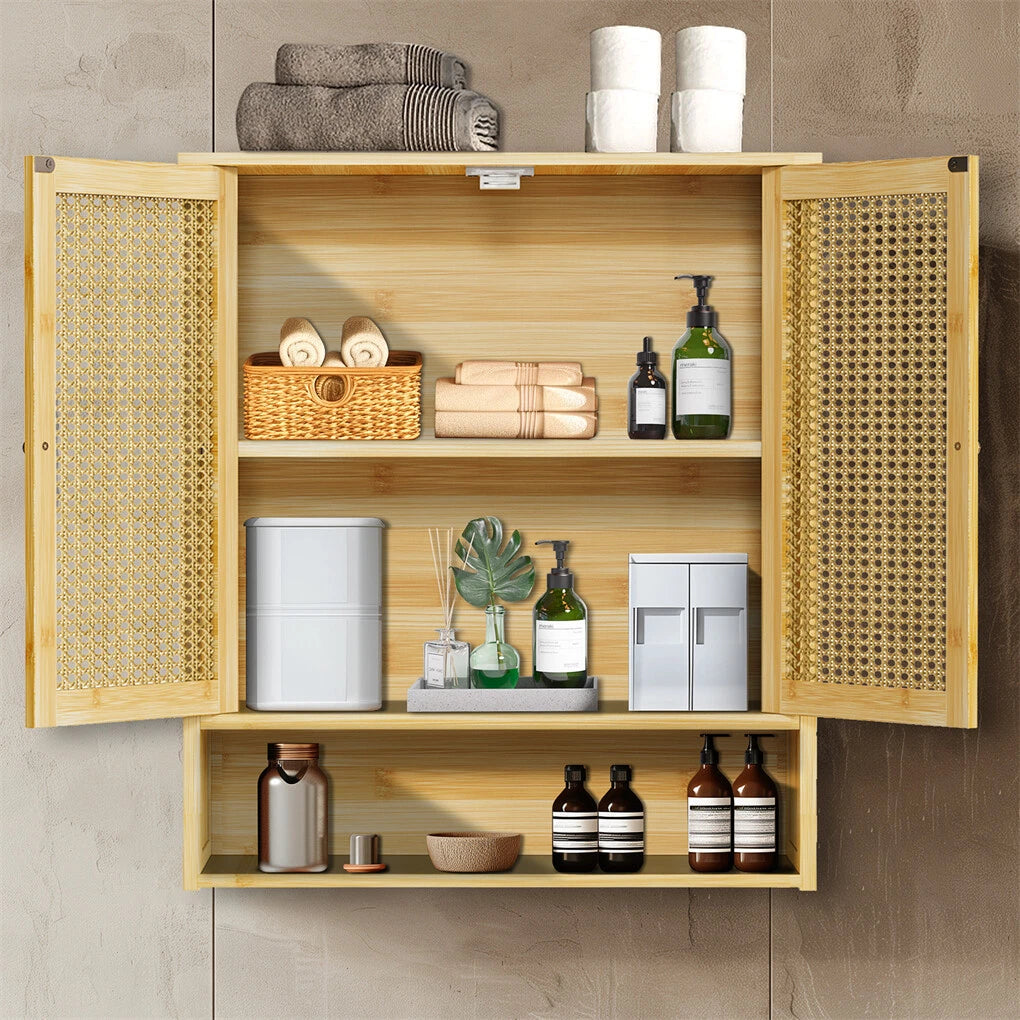 3 Tier Bathroom Wall Cabinet Rattan Door Bamboo Storage Shelf Over Toilet Cupboard Organizer V767-JJ-ZZ1349