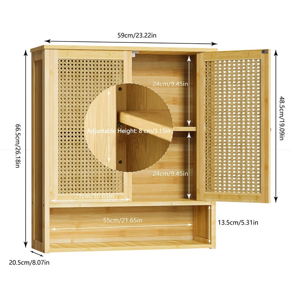 3 Tier Bathroom Wall Cabinet Rattan Door Bamboo Storage Shelf Over Toilet Cupboard Organizer V767-JJ-ZZ1349