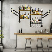 Industrial Pipe Bar Wall Liquor Shelf Floating Shelves with Wine Glass Holder V767-JJ-ZZ1431