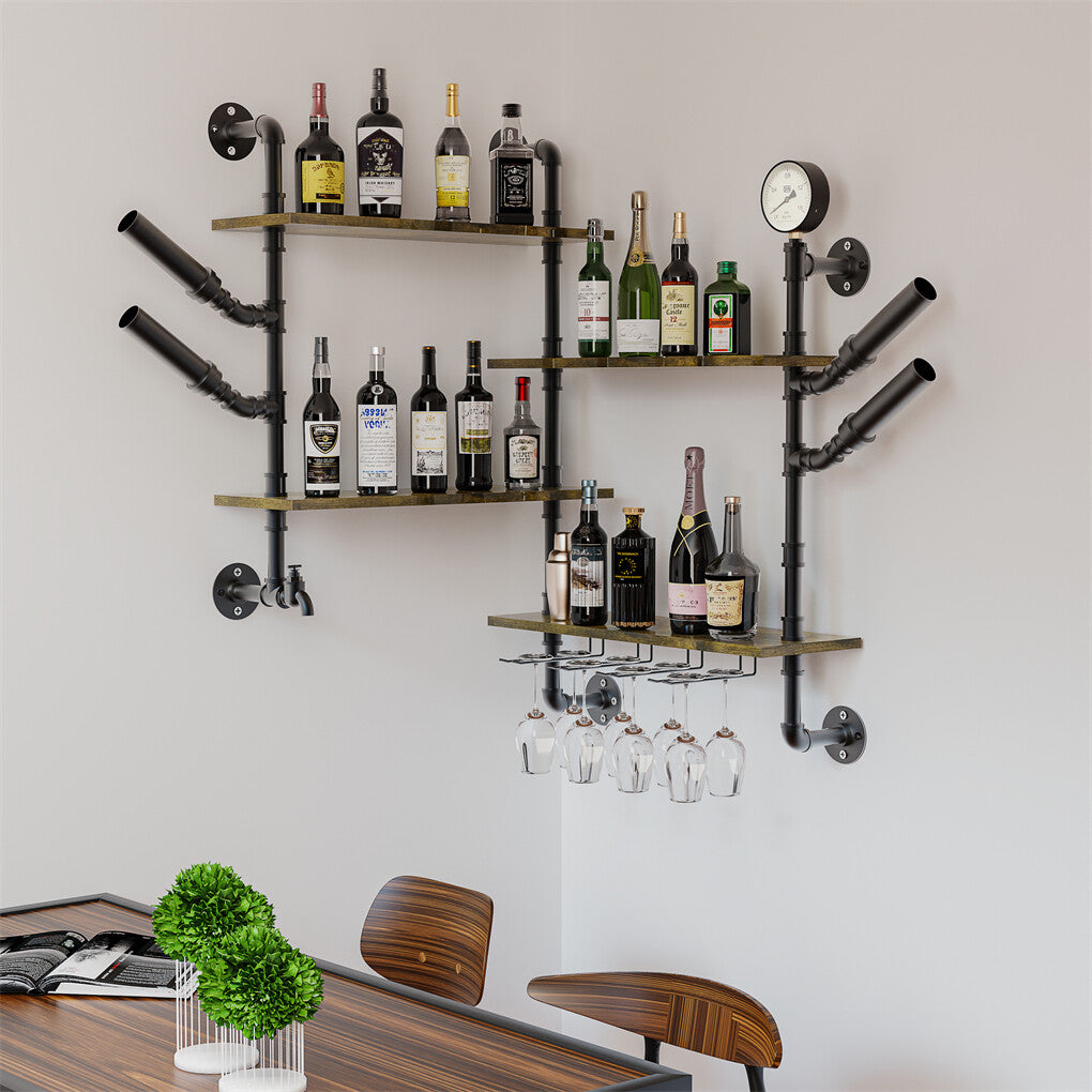 Industrial Pipe Bar Wall Liquor Shelf Floating Shelves with Wine Glass Holder V767-JJ-ZZ1431