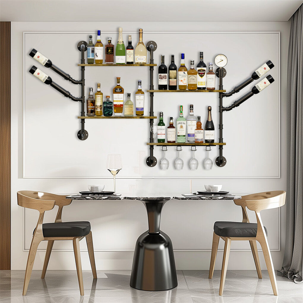 Industrial Pipe Bar Wall Liquor Shelf Floating Shelves with Wine Glass Holder V767-JJ-ZZ1431