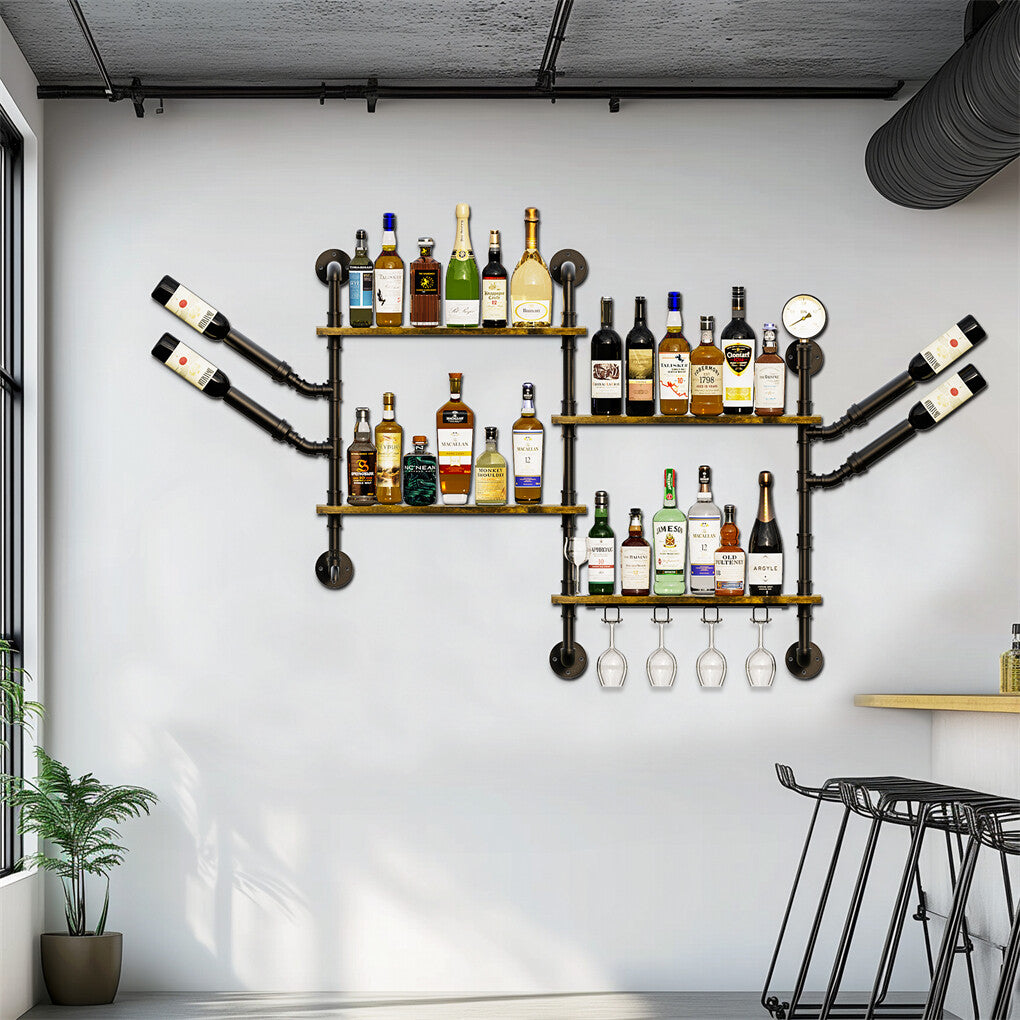 Industrial Pipe Bar Wall Liquor Shelf Floating Shelves with Wine Glass Holder V767-JJ-ZZ1431