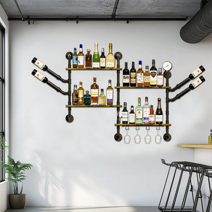 Industrial Pipe Bar Wall Liquor Shelf Floating Shelves with Wine Glass Holder V767-JJ-ZZ1431