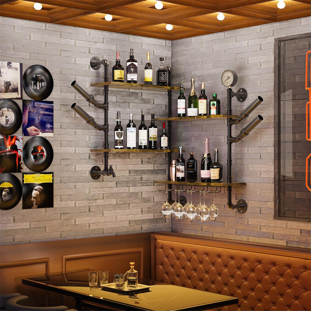 Industrial Pipe Bar Wall Liquor Shelf Floating Shelves with Wine Glass Holder V767-JJ-ZZ1431
