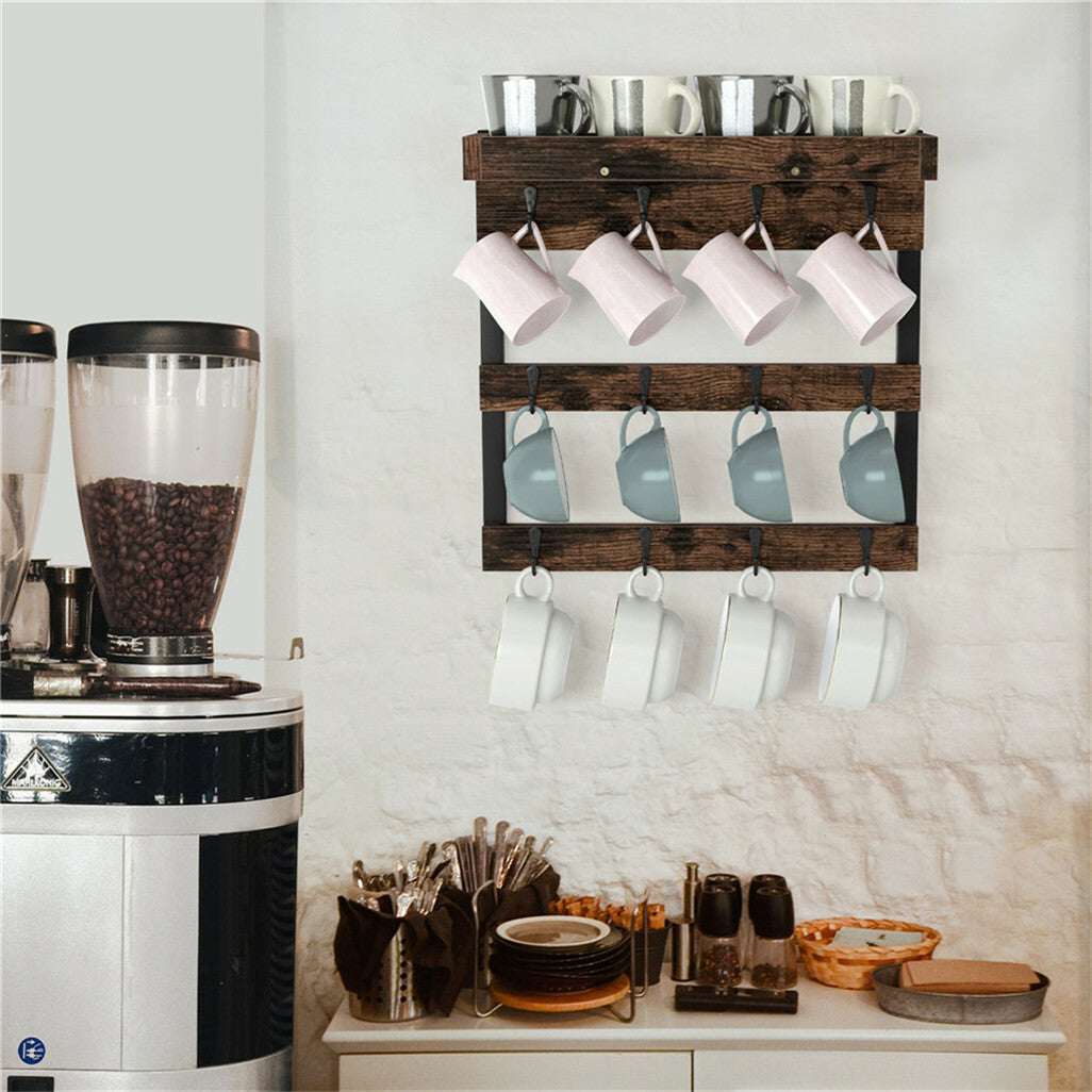 Tea Coffee Mug Rack Storage Holder Cup Hanger Wood Wall Mounted Teacup Organizer V767-JJ-ZZ162