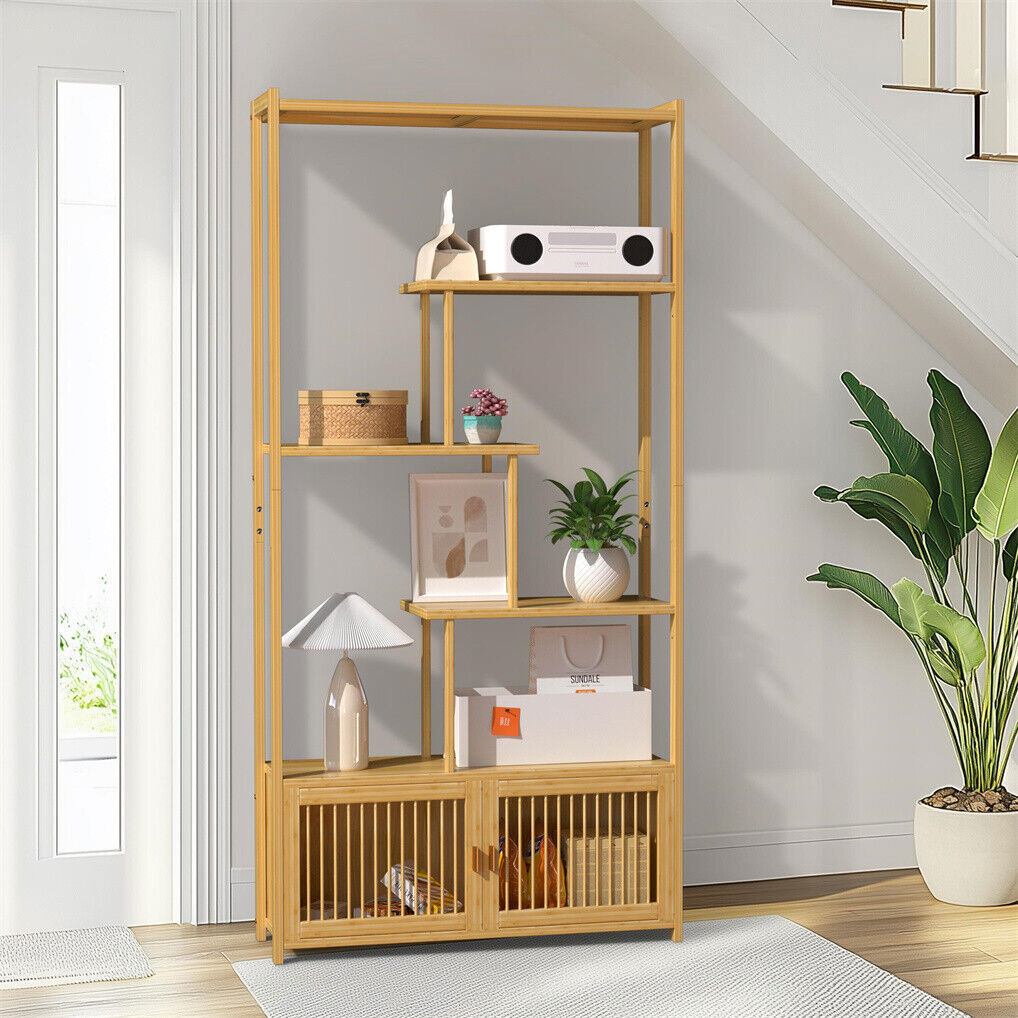 6 Tiers Freestanding Bamboo Storage Shelf High & Low Shelf Bookshelf Plant Stand V767-JJ-ZZ1623