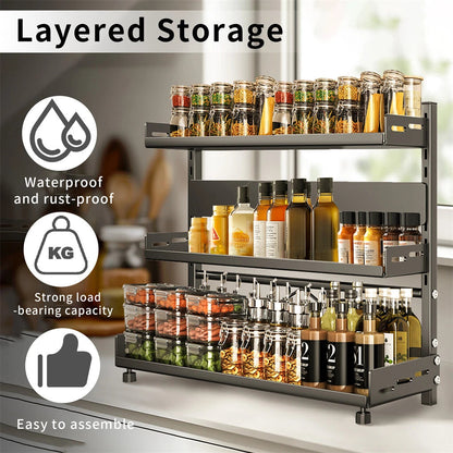 3-Tier Large Kitchen Spice Rack Anti-Rust Organizer Shelf, Height Adjustable Storage Rack AU V767-JJ-ZZ1631