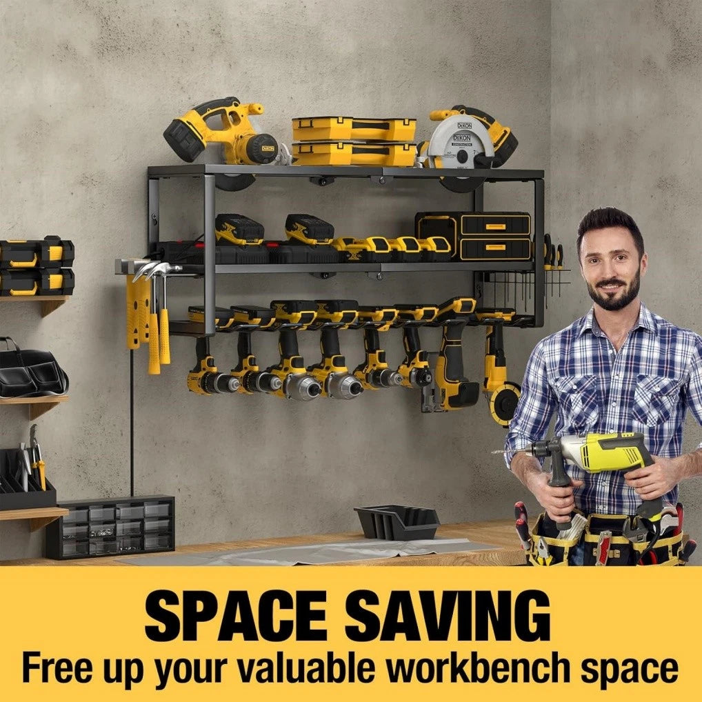 P&P Heavy Duty Power Tool Organizer with 7 Drill Holders Wall Mounted Garage Storage Rack for Tools & Utility V767-JJ-ZZ1673