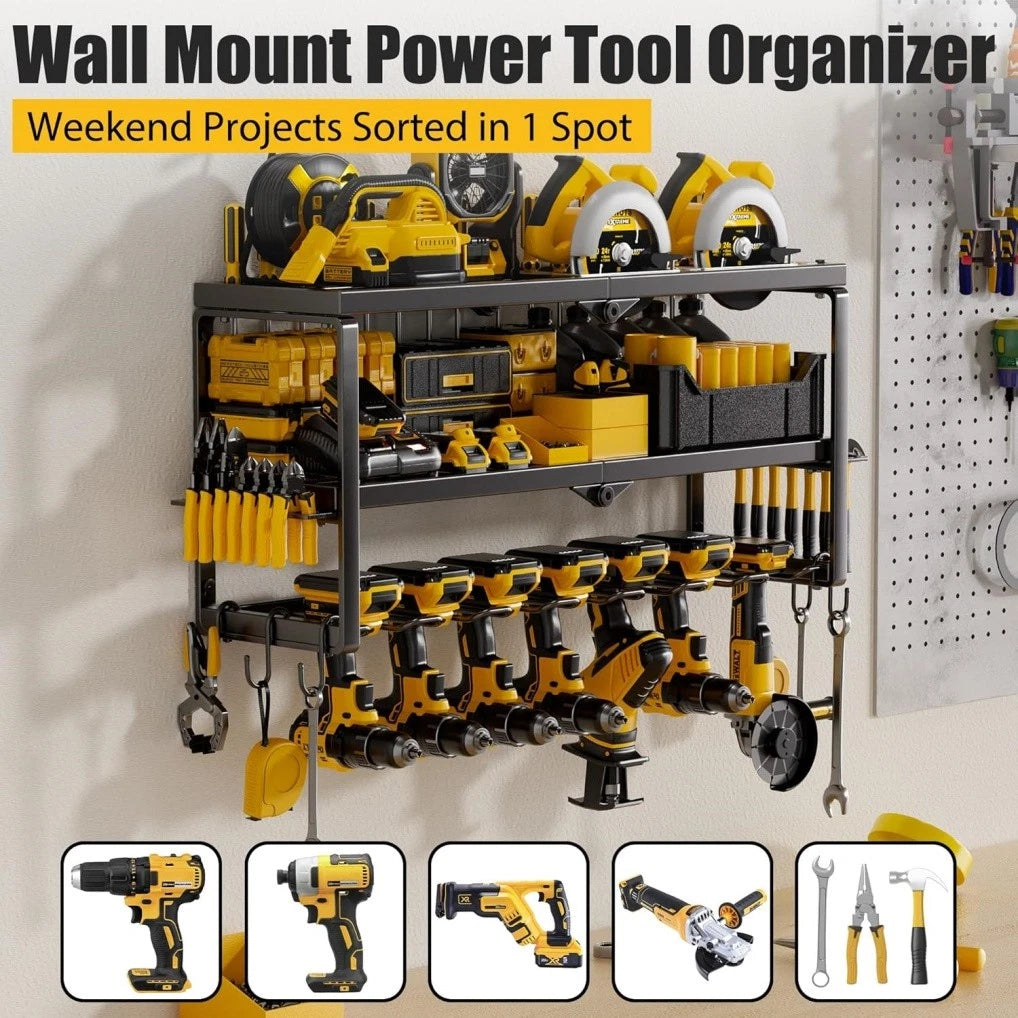 P&P Heavy Duty Power Tool Organizer with 7 Drill Holders Wall Mounted Garage Storage Rack for Tools & Utility V767-JJ-ZZ1673