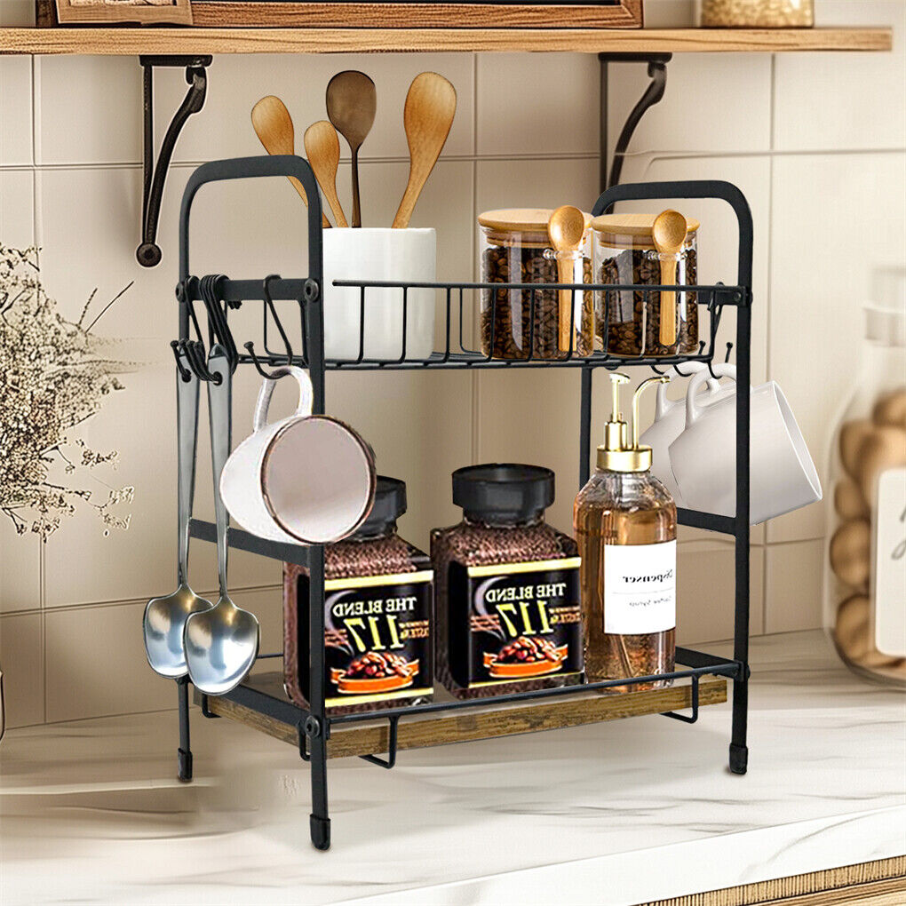 Vintage Coffee Bar Station Organizer Holder Stand with 2-Tier Shelves & 12 Hooks V767-JJ-ZZ1738