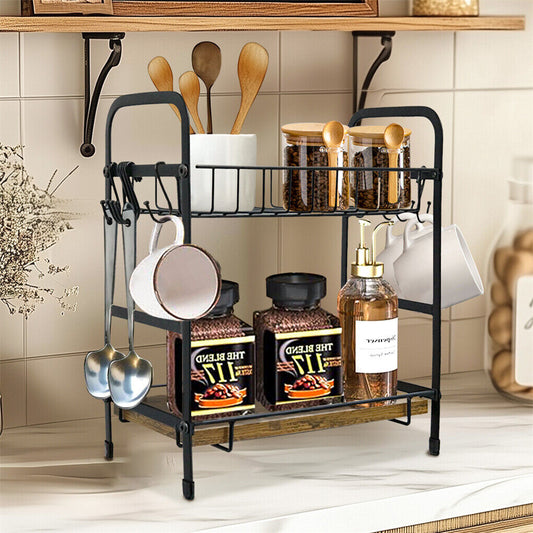 Vintage Coffee Bar Station Organizer Holder Stand with 2-Tier Shelves & 12 Hooks V767-JJ-ZZ1738