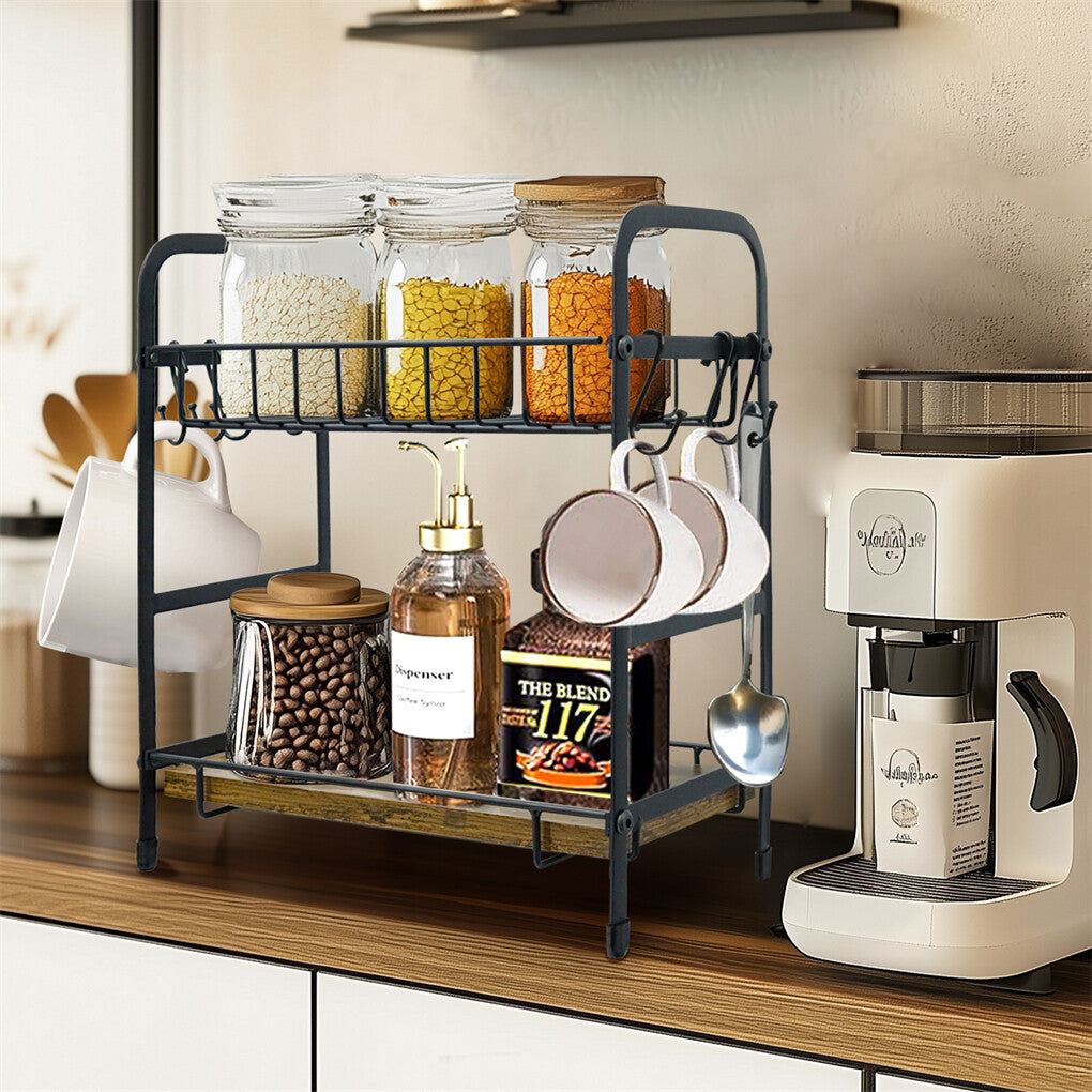 Vintage Coffee Bar Station Organizer Holder Stand with 2-Tier Shelves & 12 Hooks V767-JJ-ZZ1738