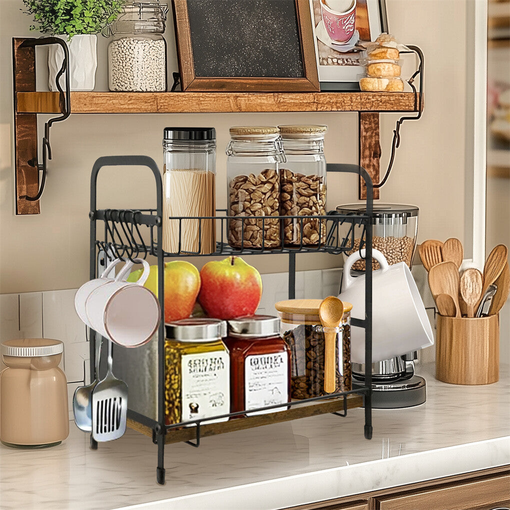 Vintage Coffee Bar Station Organizer Holder Stand with 2-Tier Shelves & 12 Hooks V767-JJ-ZZ1738