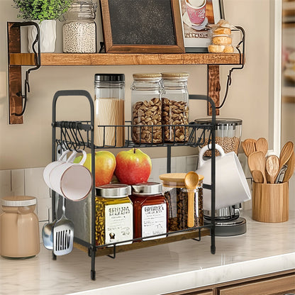 Vintage Coffee Bar Station Organizer Holder Stand with 2-Tier Shelves & 12 Hooks V767-JJ-ZZ1738