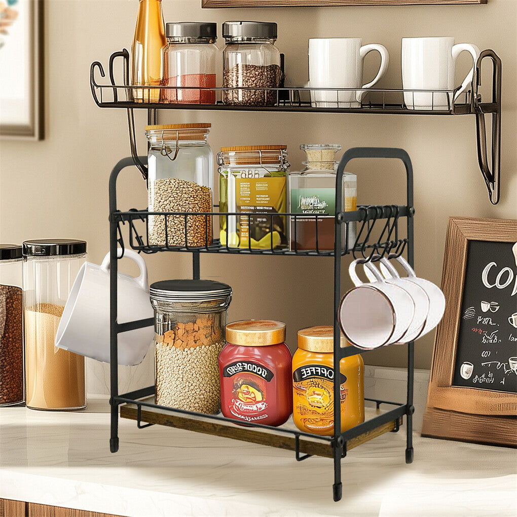 Vintage Coffee Bar Station Organizer Holder Stand with 2-Tier Shelves & 12 Hooks V767-JJ-ZZ1738