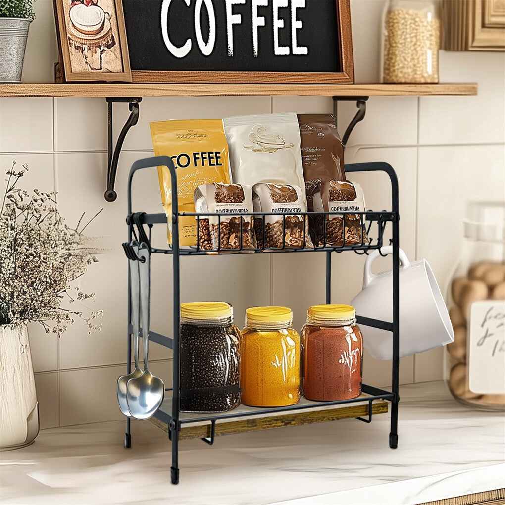 Vintage Coffee Bar Station Organizer Holder Stand with 2-Tier Shelves & 12 Hooks V767-JJ-ZZ1738