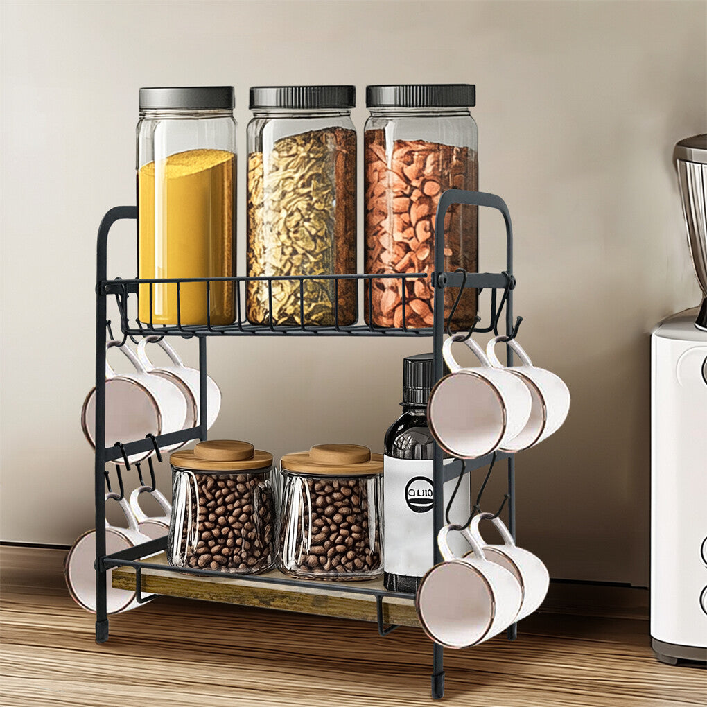 Vintage Coffee Bar Station Organizer Holder Stand with 2-Tier Shelves & 12 Hooks V767-JJ-ZZ1738