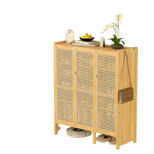 Modern Bamboo Shoe Rack Storage Cabinet with 3 Woven Rattan Doors, 5-Tier Shoe Organizer Shelf Cupboard for V767-JJ-ZZ1761
