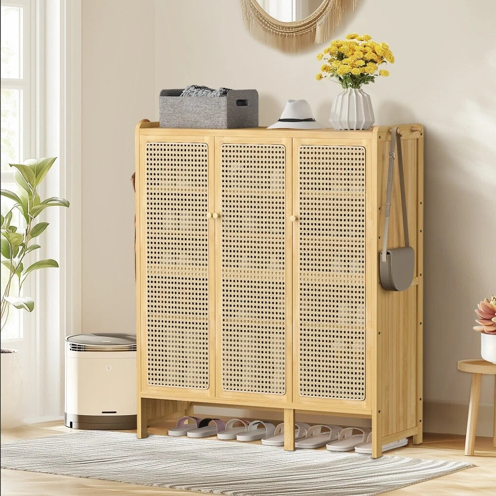 Modern Bamboo Shoe Rack Storage Cabinet with 3 Woven Rattan Doors, 5-Tier Shoe Organizer Shelf Cupboard for V767-JJ-ZZ1761