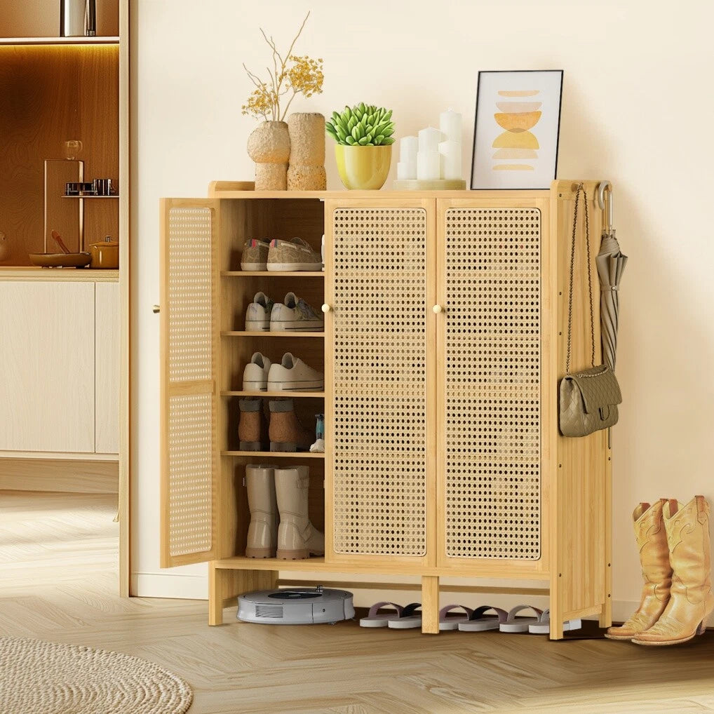 Modern Bamboo Shoe Rack Storage Cabinet with 3 Woven Rattan Doors, 5-Tier Shoe Organizer Shelf Cupboard for V767-JJ-ZZ1761
