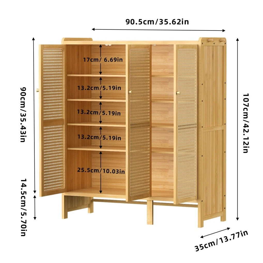 Modern Bamboo Shoe Rack Storage Cabinet with 3 Woven Rattan Doors, 5-Tier Shoe Organizer Shelf Cupboard for V767-JJ-ZZ1761