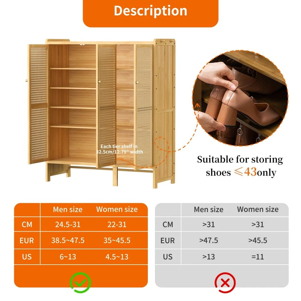 Modern Bamboo Shoe Rack Storage Cabinet with 3 Woven Rattan Doors, 5-Tier Shoe Organizer Shelf Cupboard for V767-JJ-ZZ1761