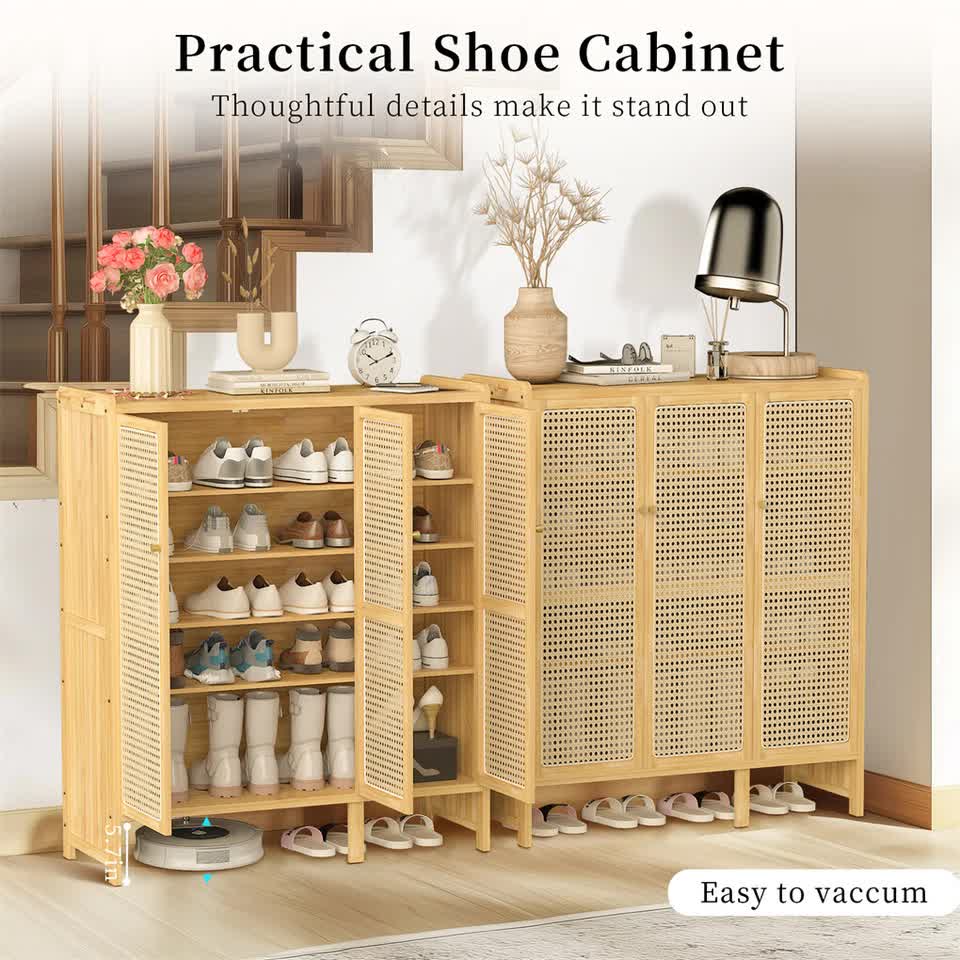 Modern Bamboo Shoe Rack Storage Cabinet with 3 Woven Rattan Doors, 5-Tier Shoe Organizer Shelf Cupboard for V767-JJ-ZZ1761