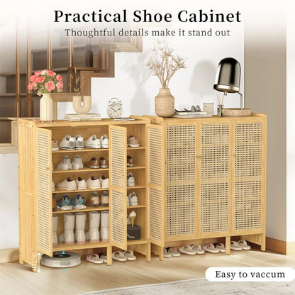 Modern Bamboo Shoe Rack Storage Cabinet with 3 Woven Rattan Doors, 5-Tier Shoe Organizer Shelf Cupboard for V767-JJ-ZZ1761