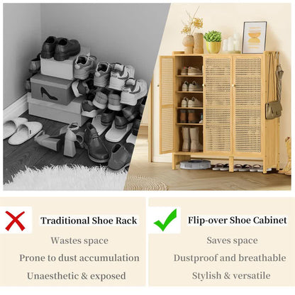 Modern Bamboo Shoe Rack Storage Cabinet with 3 Woven Rattan Doors, 5-Tier Shoe Organizer Shelf Cupboard for V767-JJ-ZZ1761