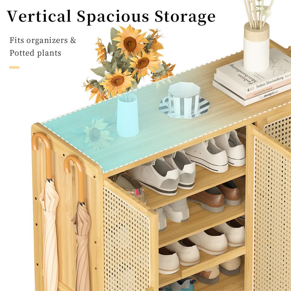 Modern Bamboo Shoe Rack Storage Cabinet with 3 Woven Rattan Doors, 5-Tier Shoe Organizer Shelf Cupboard for V767-JJ-ZZ1761