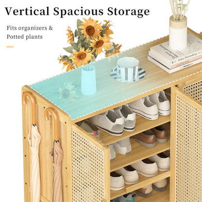 Modern Bamboo Shoe Rack Storage Cabinet with 3 Woven Rattan Doors, 5-Tier Shoe Organizer Shelf Cupboard for V767-JJ-ZZ1761