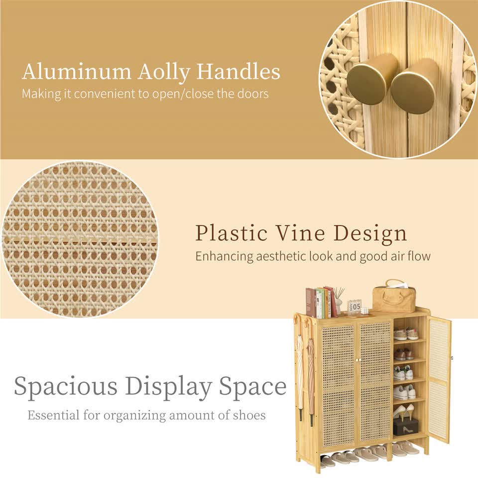 Modern Bamboo Shoe Rack Storage Cabinet with 3 Woven Rattan Doors, 5-Tier Shoe Organizer Shelf Cupboard for V767-JJ-ZZ1761