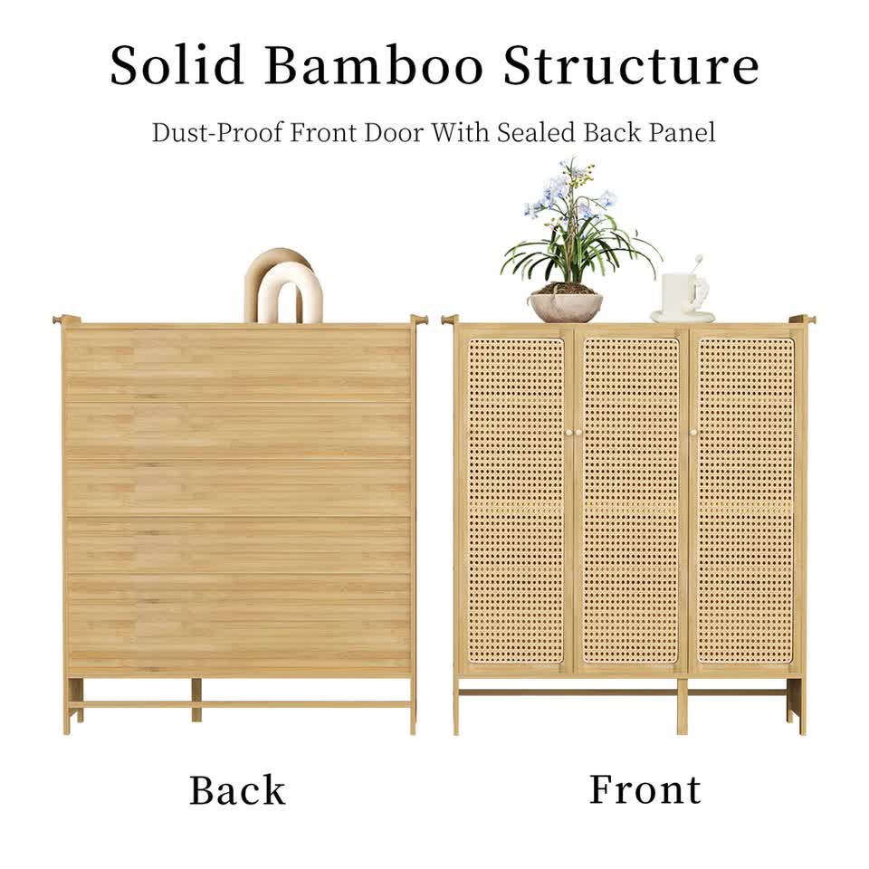 Modern Bamboo Shoe Rack Storage Cabinet with 3 Woven Rattan Doors, 5-Tier Shoe Organizer Shelf Cupboard for V767-JJ-ZZ1761