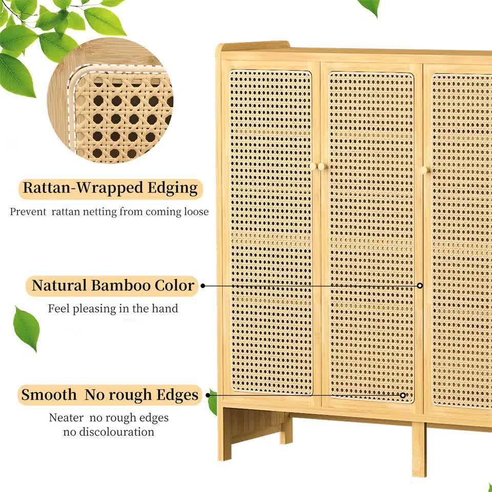 Modern Bamboo Shoe Rack Storage Cabinet with 3 Woven Rattan Doors, 5-Tier Shoe Organizer Shelf Cupboard for V767-JJ-ZZ1761