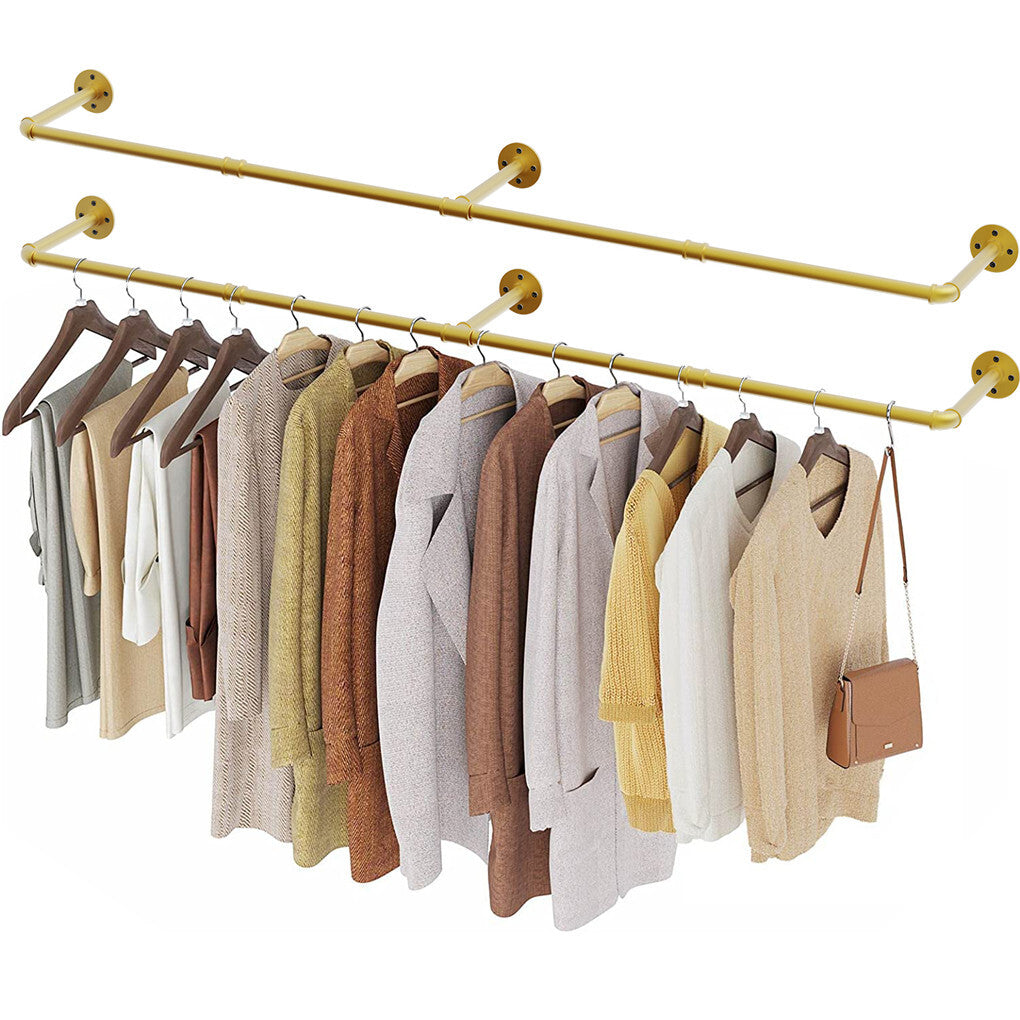Vintage Gold Wall-Mounted Clothes Rack - Strong Metal Garment Hanging Rail V767-JJ-ZZ183-GLD
