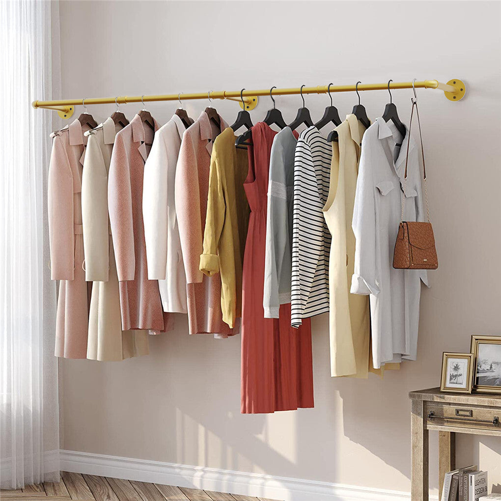 Vintage Gold Wall-Mounted Clothes Rack - Strong Metal Garment Hanging Rail V767-JJ-ZZ183-GLD