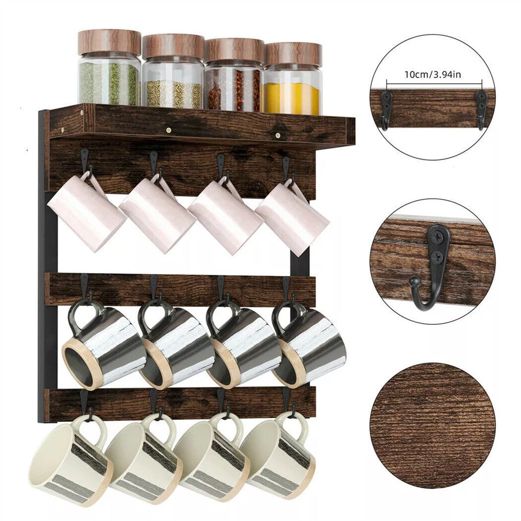 Heavy Duty Wall Mount Coffee Teacup Mug Rack Wood 12 Hook Holder Display Storage V767-JJ-ZZ718-V1