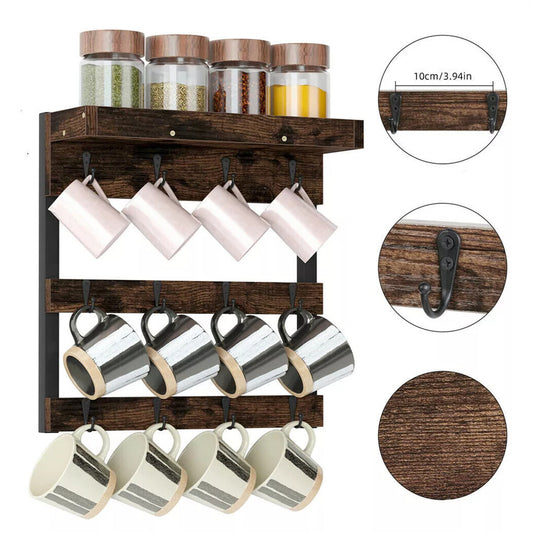 Heavy Duty Wall Mount Coffee Teacup Mug Rack Wood 12 Hook Holder Display Storage V767-JJ-ZZ718-V1