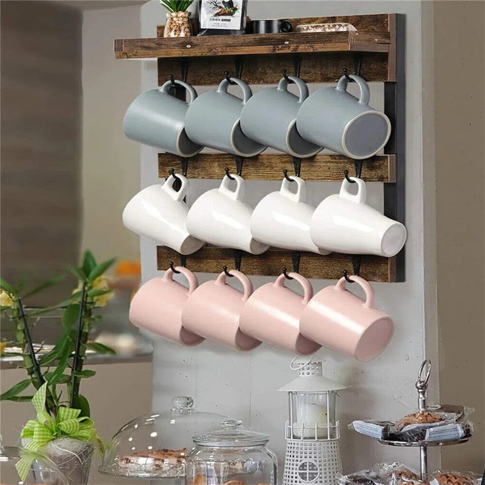 Heavy Duty Wall Mount Coffee Teacup Mug Rack Wood 12 Hook Holder Display Storage V767-JJ-ZZ718-V1