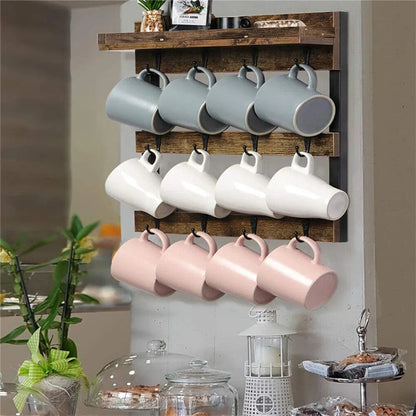 Heavy Duty Wall Mount Coffee Teacup Mug Rack Wood 12 Hook Holder Display Storage V767-JJ-ZZ718-V1