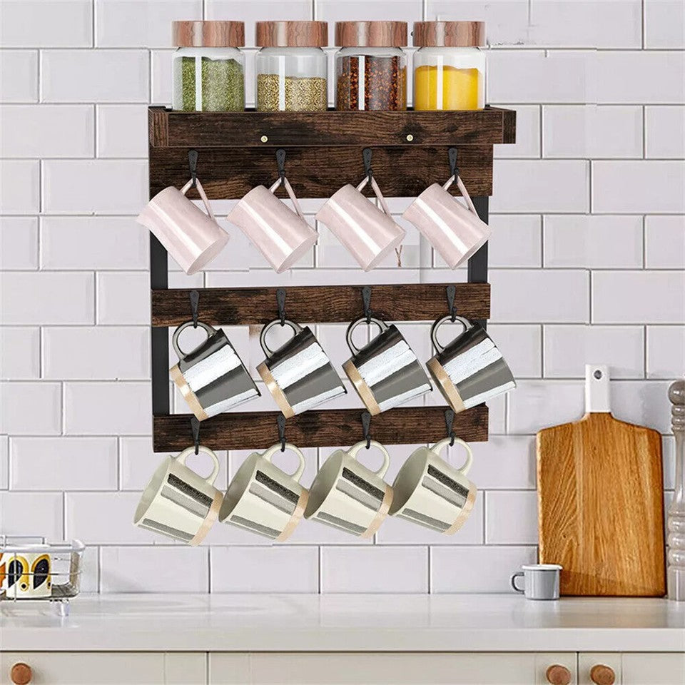 Heavy Duty Wall Mount Coffee Teacup Mug Rack Wood 12 Hook Holder Display Storage V767-JJ-ZZ718-V1