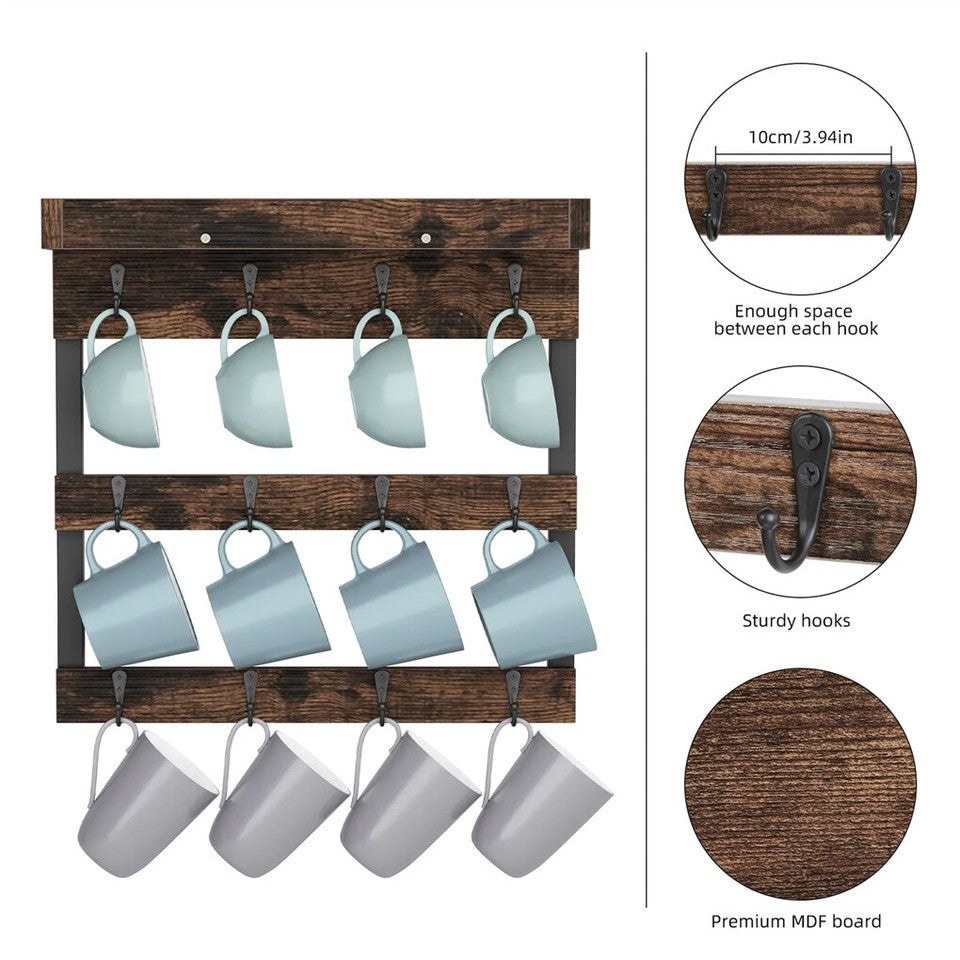 Heavy Duty Wall Mount Coffee Teacup Mug Rack Wood 12 Hook Holder Display Storage V767-JJ-ZZ718-V1
