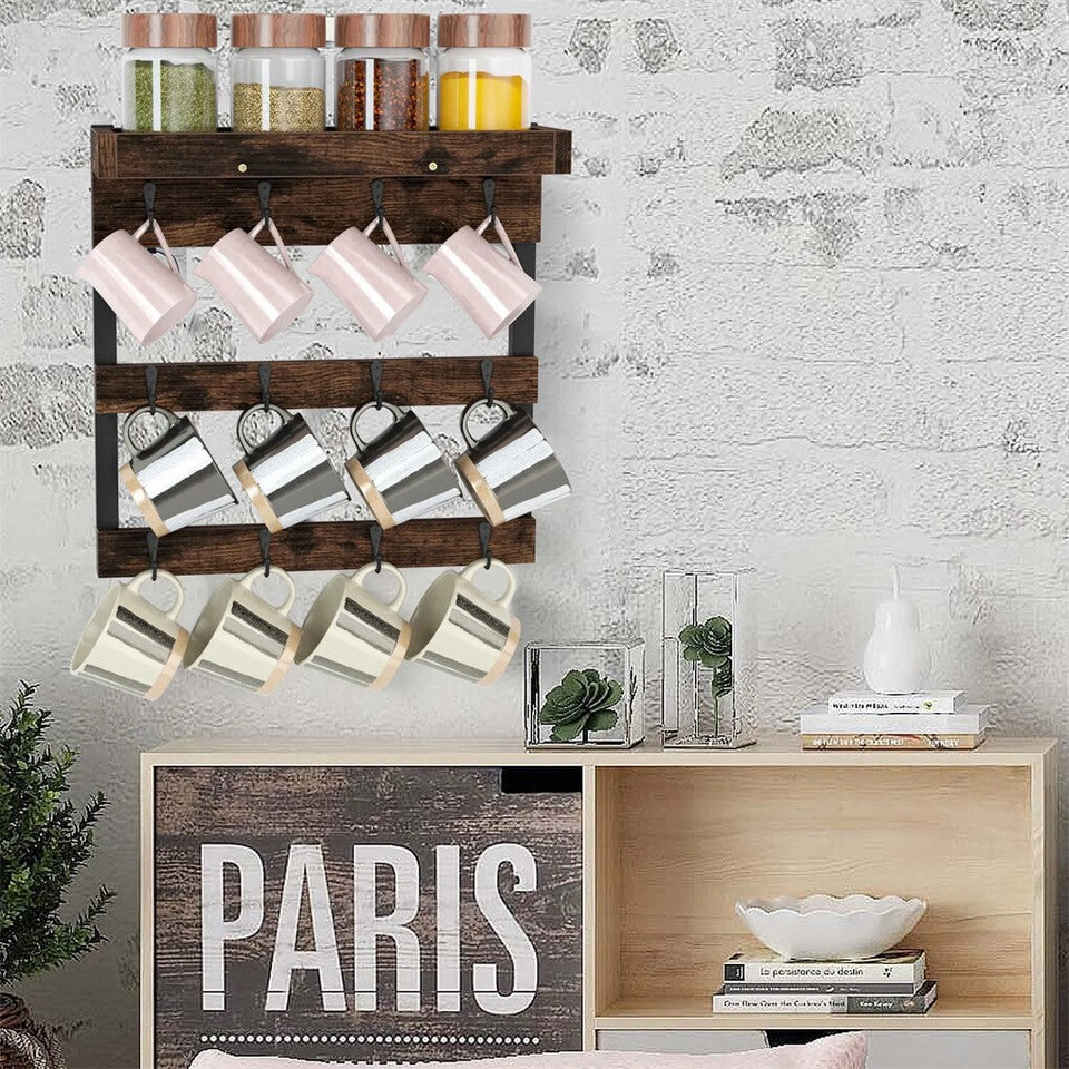 Heavy Duty Wall Mount Coffee Teacup Mug Rack Wood 12 Hook Holder Display Storage V767-JJ-ZZ718-V1