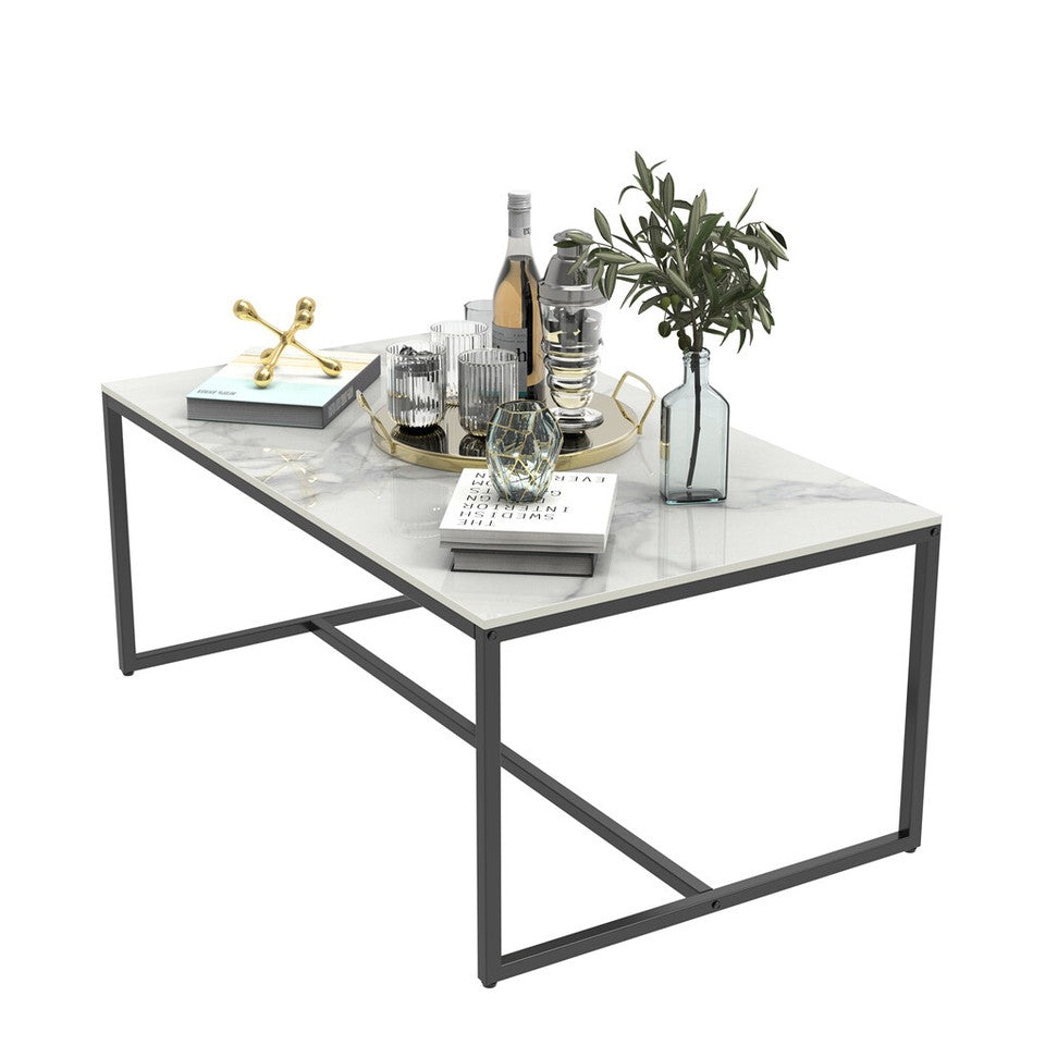 Extra Thick Marble Coffee Table White Sintered Stone Rectangular Center Table with Black Metal Frame V767-LH371-FCBY