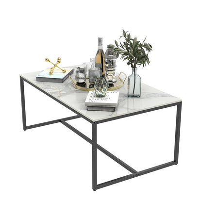 Extra Thick Marble Coffee Table White Sintered Stone Rectangular Center Table with Black Metal Frame V767-LH371-FCBY