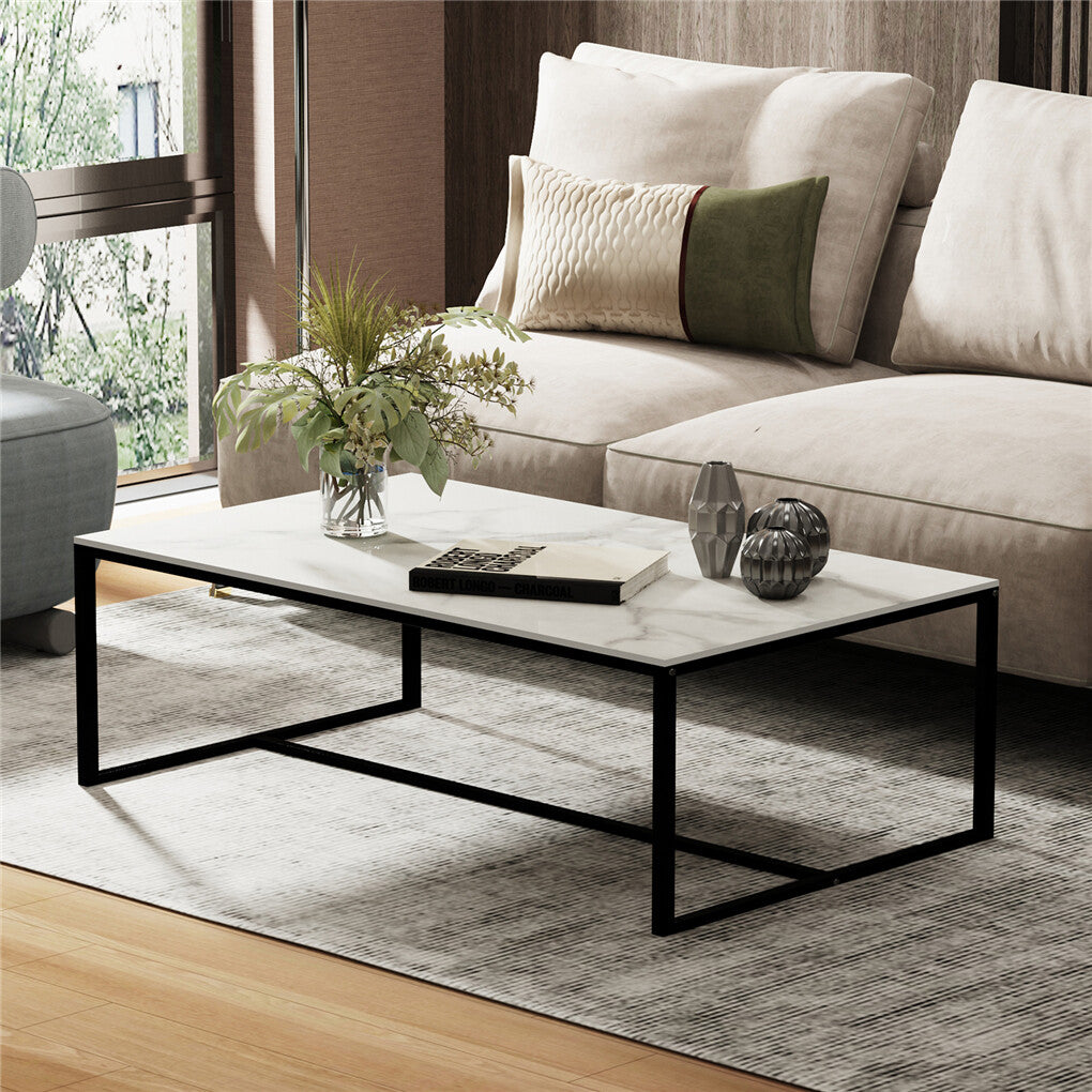 Extra Thick Marble Coffee Table White Sintered Stone Rectangular Center Table with Black Metal Frame V767-LH371-FCBY