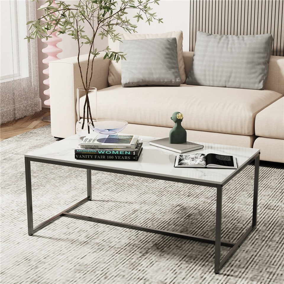 Extra Thick Marble Coffee Table White Sintered Stone Rectangular Center Table with Black Metal Frame V767-LH371-FCBY